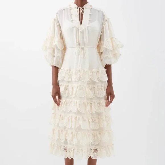 Zimmermann Cream Ramie Lyre Trim Midi dress size 0